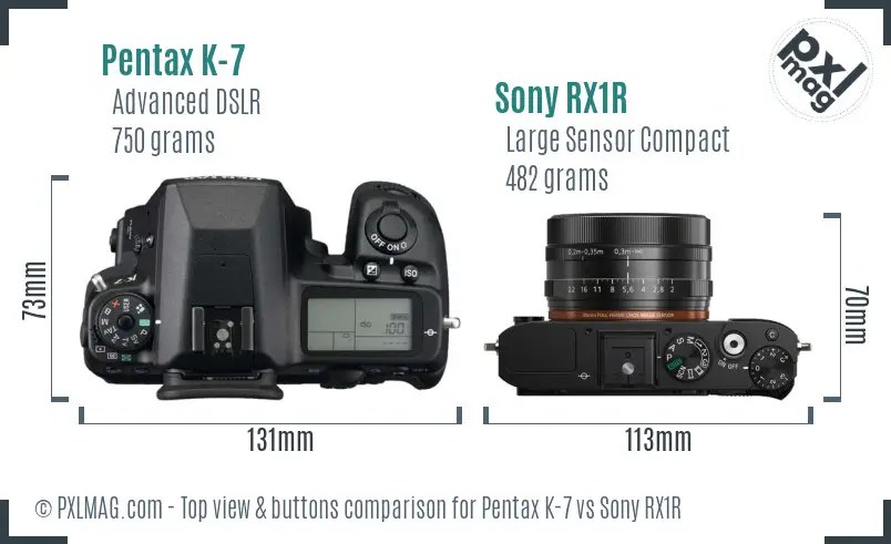 Pentax K-7 vs Sony RX1R top view buttons comparison Pentax K-7 vs Sony RX1R top view buttons comparison