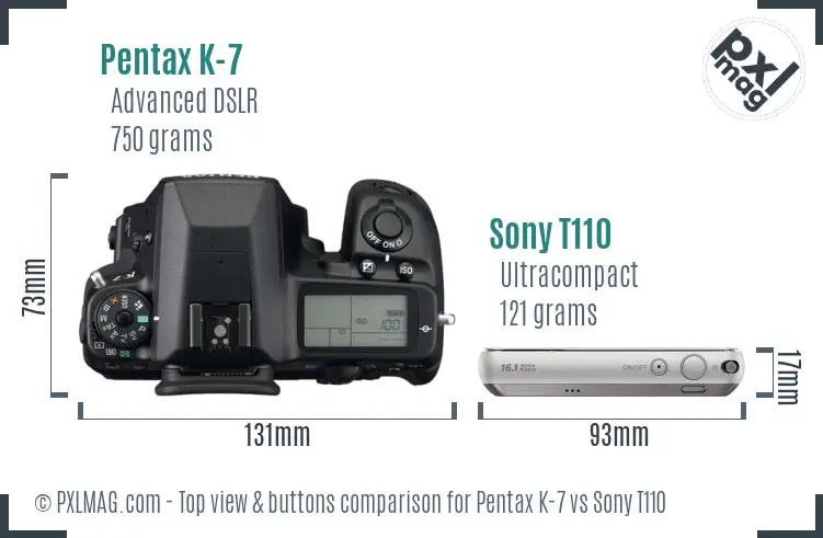 Pentax K-7 vs Sony T110 top view buttons comparison