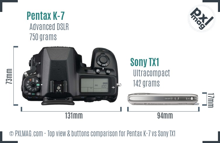 Pentax K-7 vs Sony TX1 top view buttons comparison