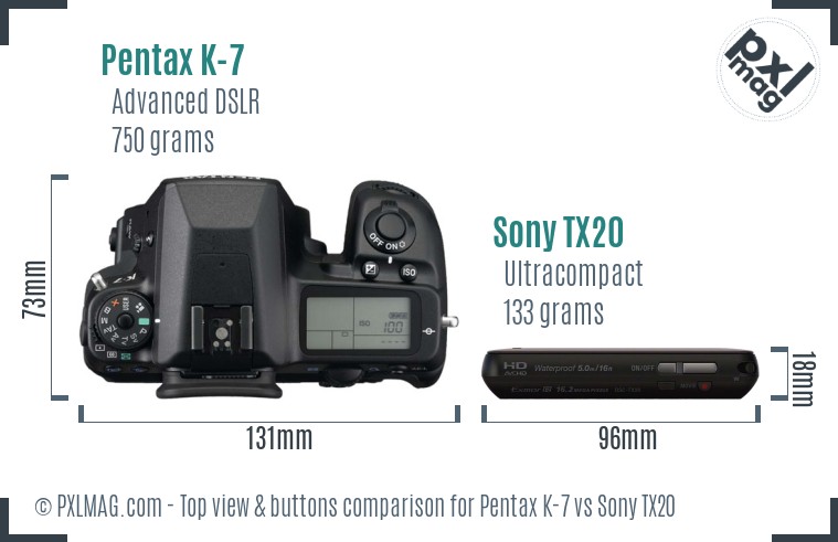 Pentax K-7 vs Sony TX20 top view buttons comparison