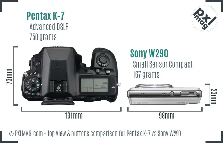 Pentax K-7 vs Sony W290 top view buttons comparison