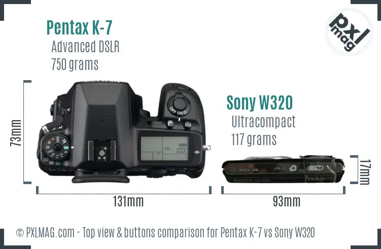 Pentax K-7 vs Sony W320 top view buttons comparison Pentax K-7 vs Sony W320 top view buttons comparison