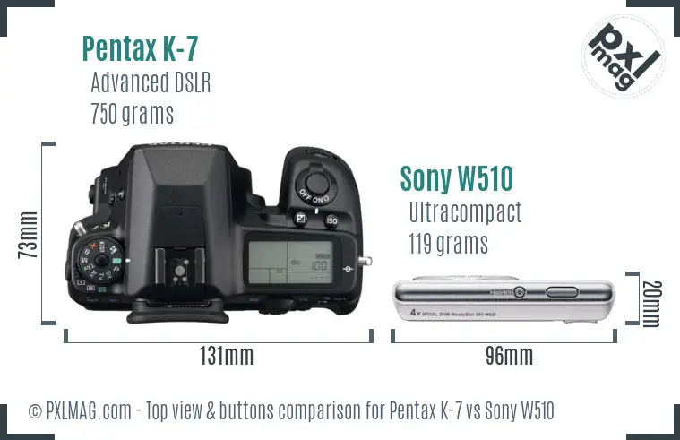 Pentax K-7 vs Sony W510 top view buttons comparison