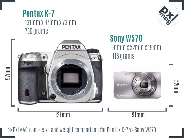 Pentax K-7 vs Sony W570 size comparison Pentax K-7 vs Sony W570 size comparison