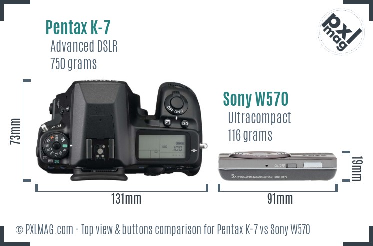 Pentax K-7 vs Sony W570 top view buttons comparison
