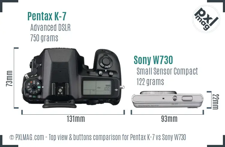 Pentax K-7 vs Sony W730 top view buttons comparison