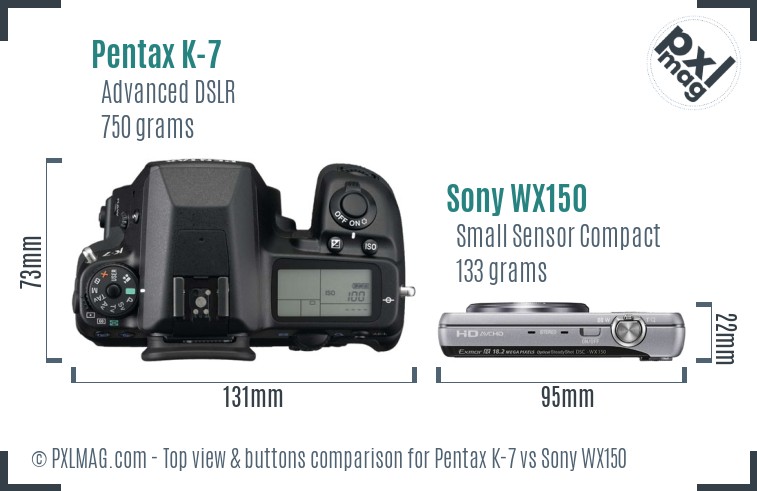 Pentax K-7 vs Sony WX150 top view buttons comparison