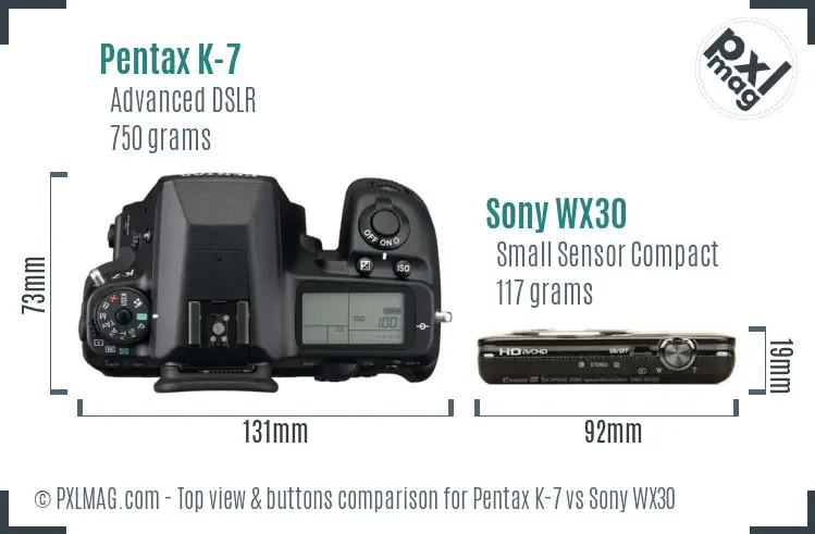 Pentax K-7 vs Sony WX30 top view buttons comparison