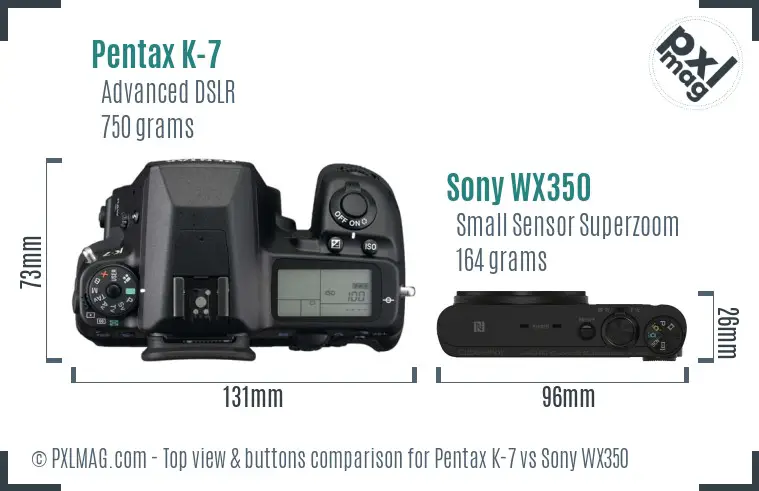 Pentax K-7 vs Sony WX350 top view buttons comparison