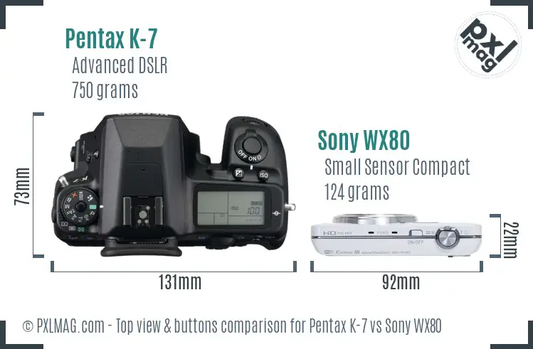 Pentax K-7 vs Sony WX80 top view buttons comparison