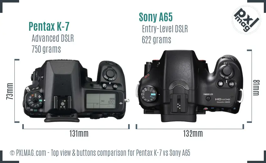 Pentax K-7 vs Sony A65 top view buttons comparison