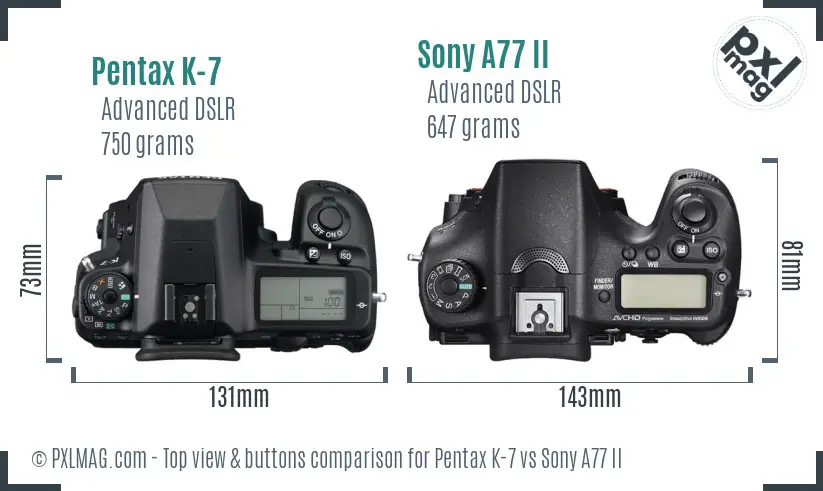 Pentax K-7 vs Sony A77 II top view buttons comparison