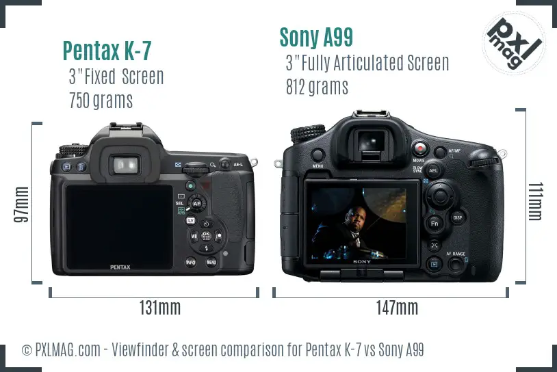 Pentax K-7 vs Sony A99 Screen and Viewfinder comparison