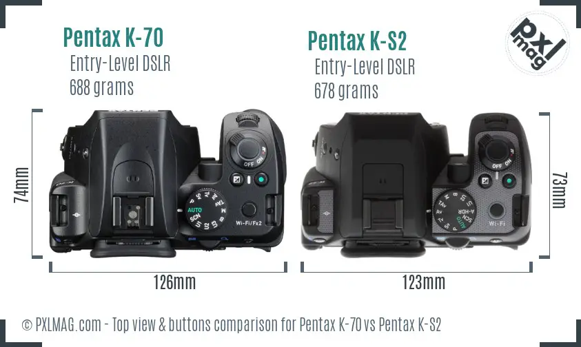Pentax K-70 vs Pentax K-S2 top view buttons comparison