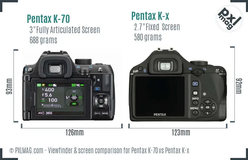 Pentax K-70 vs Pentax K-x Screen and Viewfinder comparison
