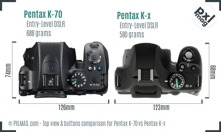 Pentax K-70 vs Pentax K-x top view buttons comparison