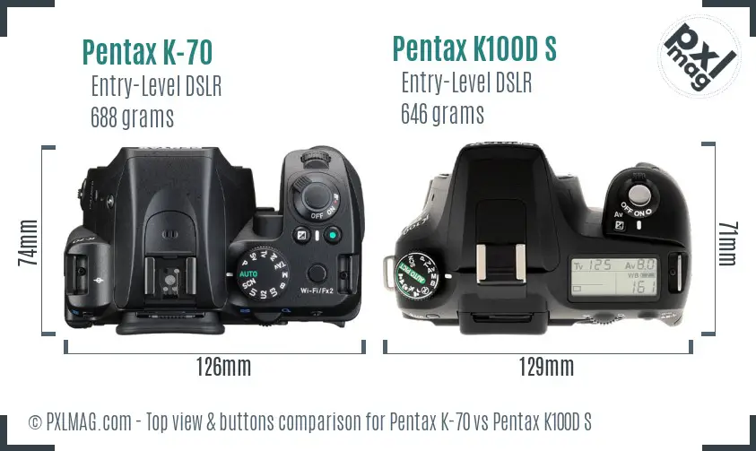 Pentax K-70 vs Pentax K100D S top view buttons comparison