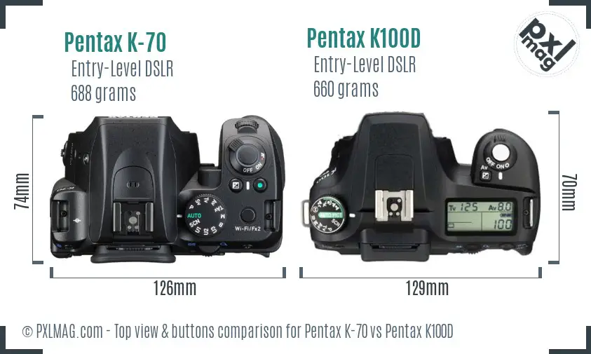 Pentax K-70 vs Pentax K100D top view buttons comparison