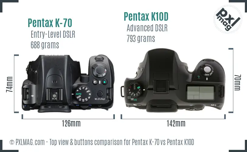 Pentax K-70 vs Pentax K10D top view buttons comparison