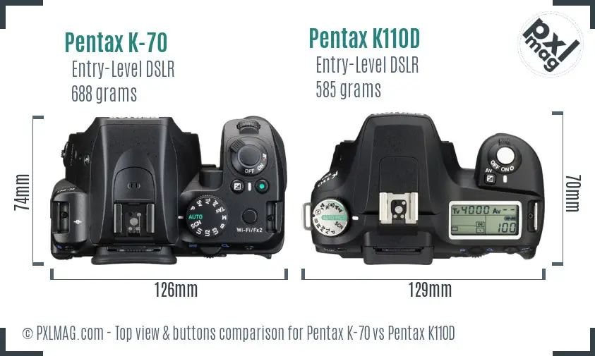 Pentax K-70 vs Pentax K110D top view buttons comparison