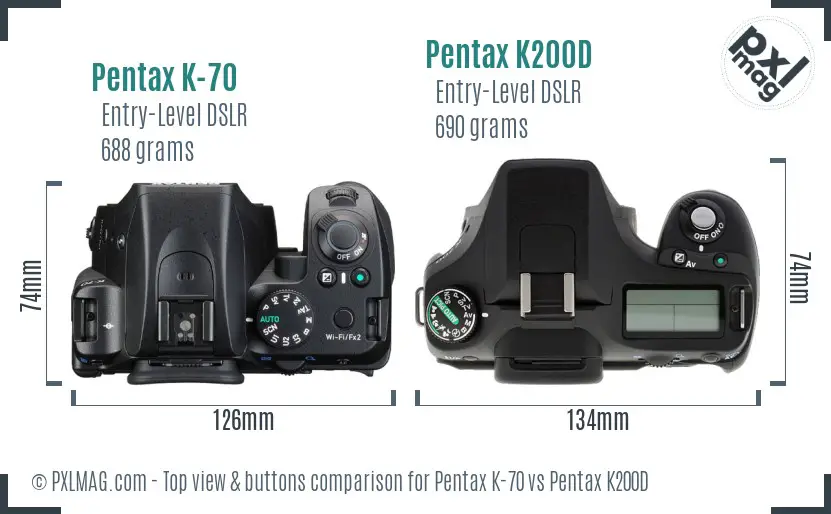 Pentax K-70 vs Pentax K200D top view buttons comparison