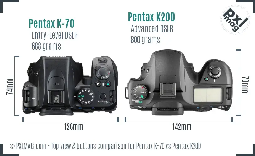Pentax K-70 vs Pentax K20D top view buttons comparison