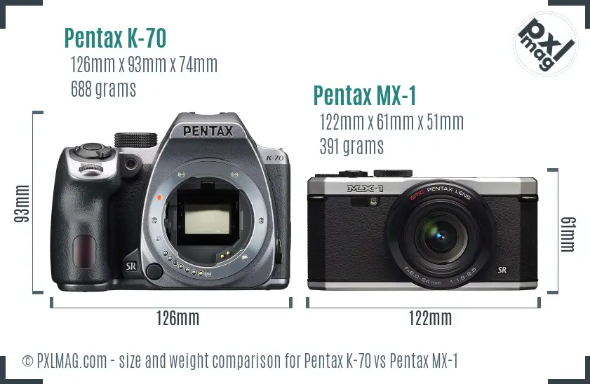 Pentax K-70 vs Pentax MX-1 size comparison