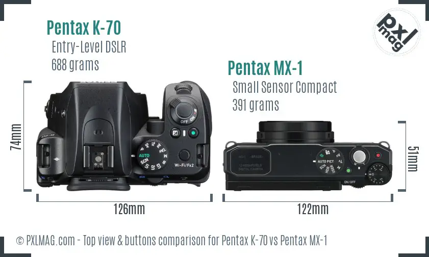 Pentax K-70 vs Pentax MX-1 top view buttons comparison