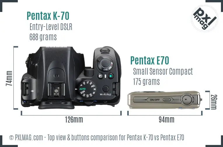 Pentax K-70 vs Pentax E70 top view buttons comparison