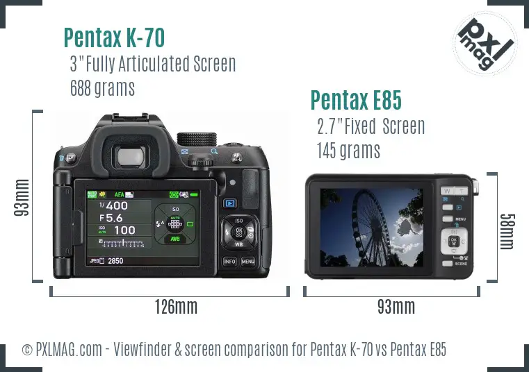 Pentax K-70 vs Pentax E85 Screen and Viewfinder comparison