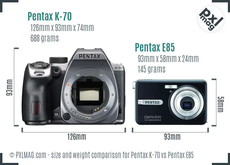 Pentax K-70 vs Pentax E85 size comparison