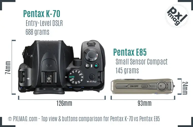 Pentax K-70 vs Pentax E85 top view buttons comparison