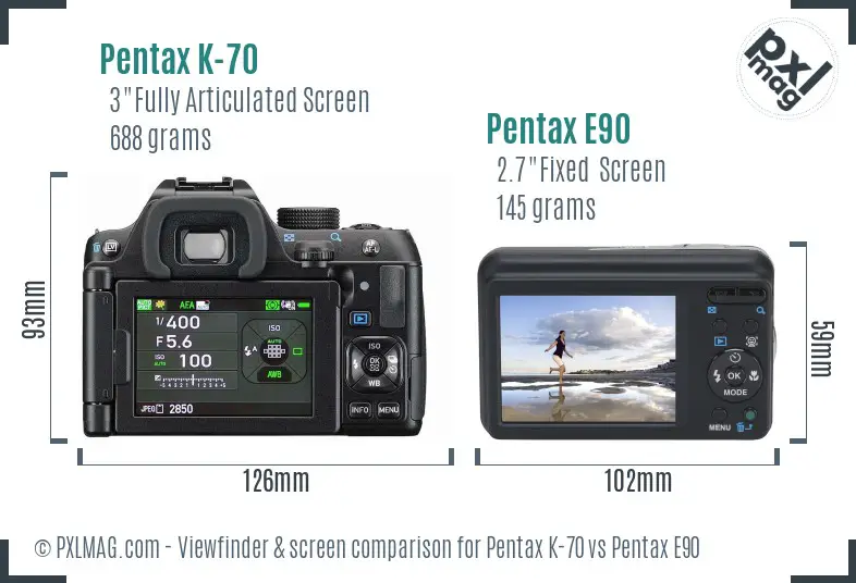 Pentax K-70 vs Pentax E90 Screen and Viewfinder comparison