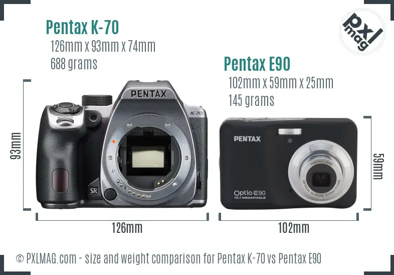 Pentax K-70 vs Pentax E90 size comparison