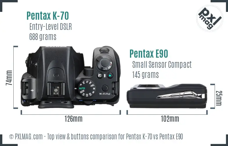 Pentax K-70 vs Pentax E90 top view buttons comparison
