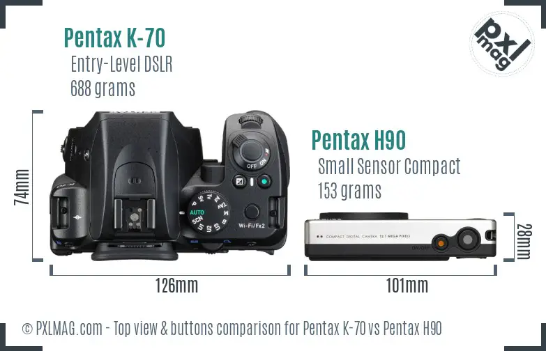 Pentax K-70 vs Pentax H90 top view buttons comparison