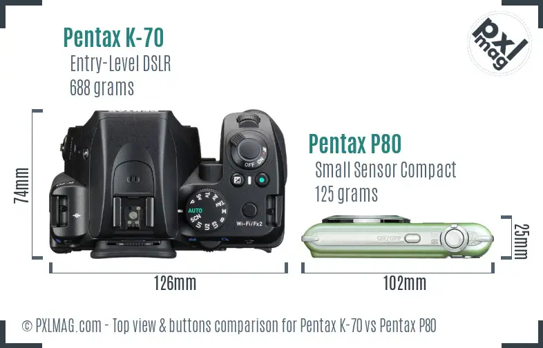 Pentax K-70 vs Pentax P80 top view buttons comparison