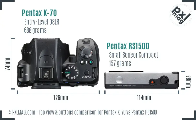 Pentax K-70 vs Pentax RS1500 top view buttons comparison