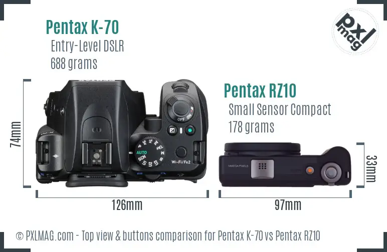 Pentax K-70 vs Pentax RZ10 top view buttons comparison