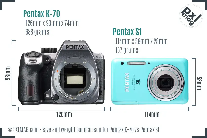 Pentax K-70 vs Pentax S1 size comparison
