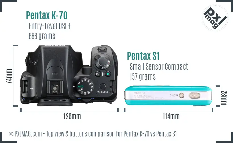 Pentax K-70 vs Pentax S1 top view buttons comparison