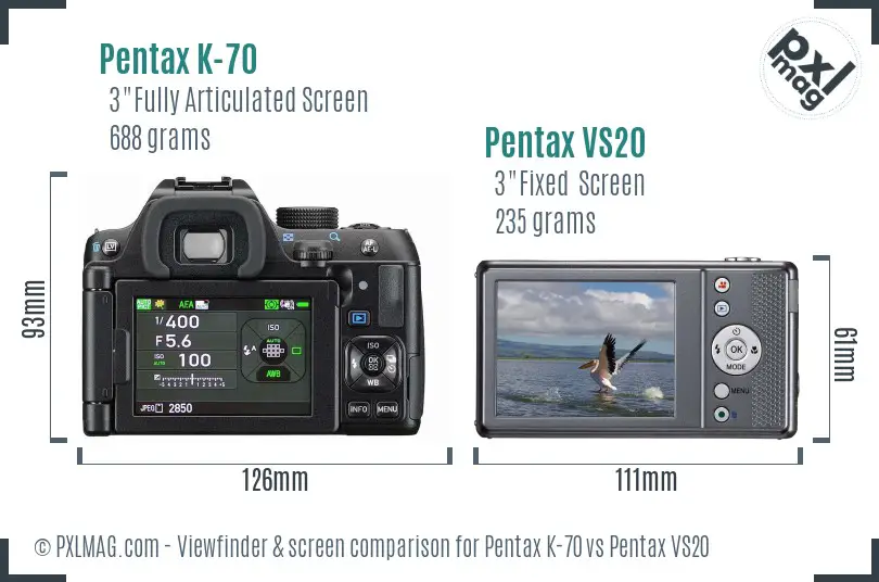 Pentax K-70 vs Pentax VS20 Screen and Viewfinder comparison