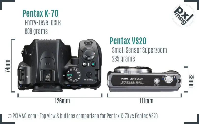 Pentax K-70 vs Pentax VS20 top view buttons comparison