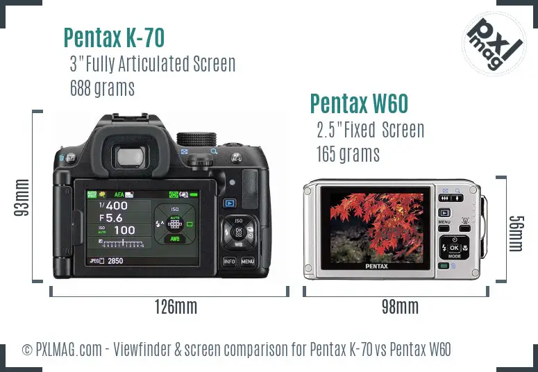 Pentax K-70 vs Pentax W60 Screen and Viewfinder comparison