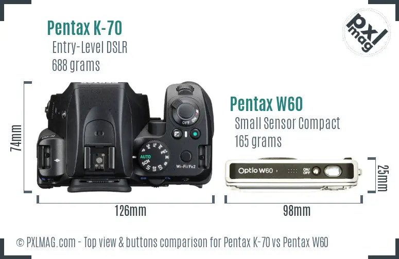 Pentax K-70 vs Pentax W60 top view buttons comparison
