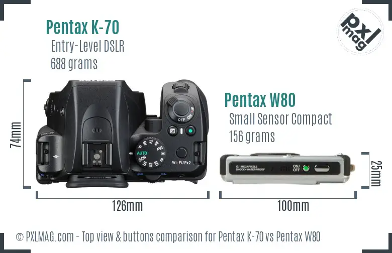 Pentax K-70 vs Pentax W80 top view buttons comparison