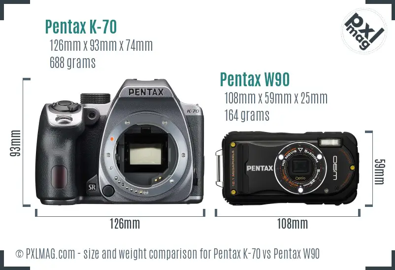 Pentax K-70 vs Pentax W90 size comparison