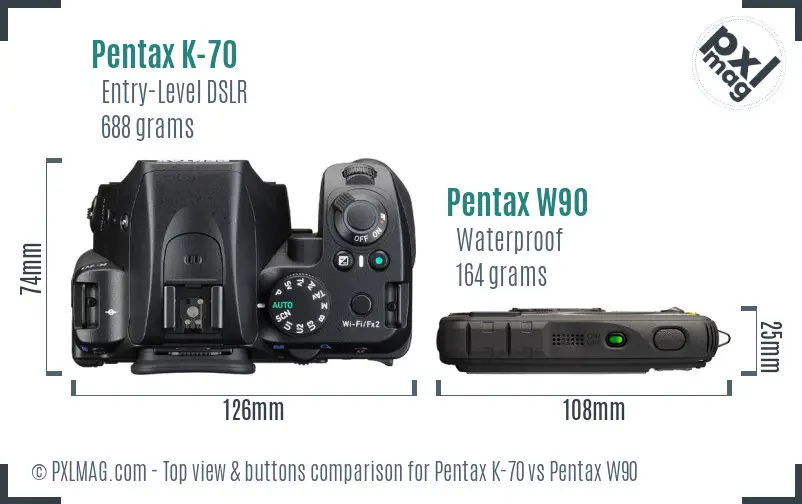 Pentax K-70 vs Pentax W90 top view buttons comparison