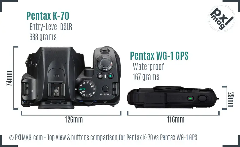 Pentax K-70 vs Pentax WG-1 GPS top view buttons comparison