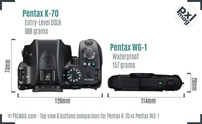 Pentax K-70 vs Pentax WG-1 top view buttons comparison